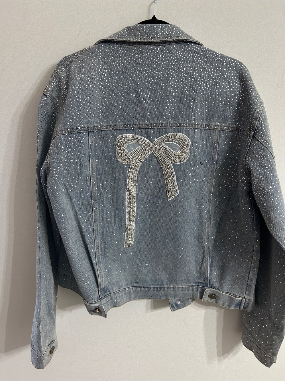Embellished Light Blue Denim Jacket with Beaded Bow Lola and the Boys Never Worn